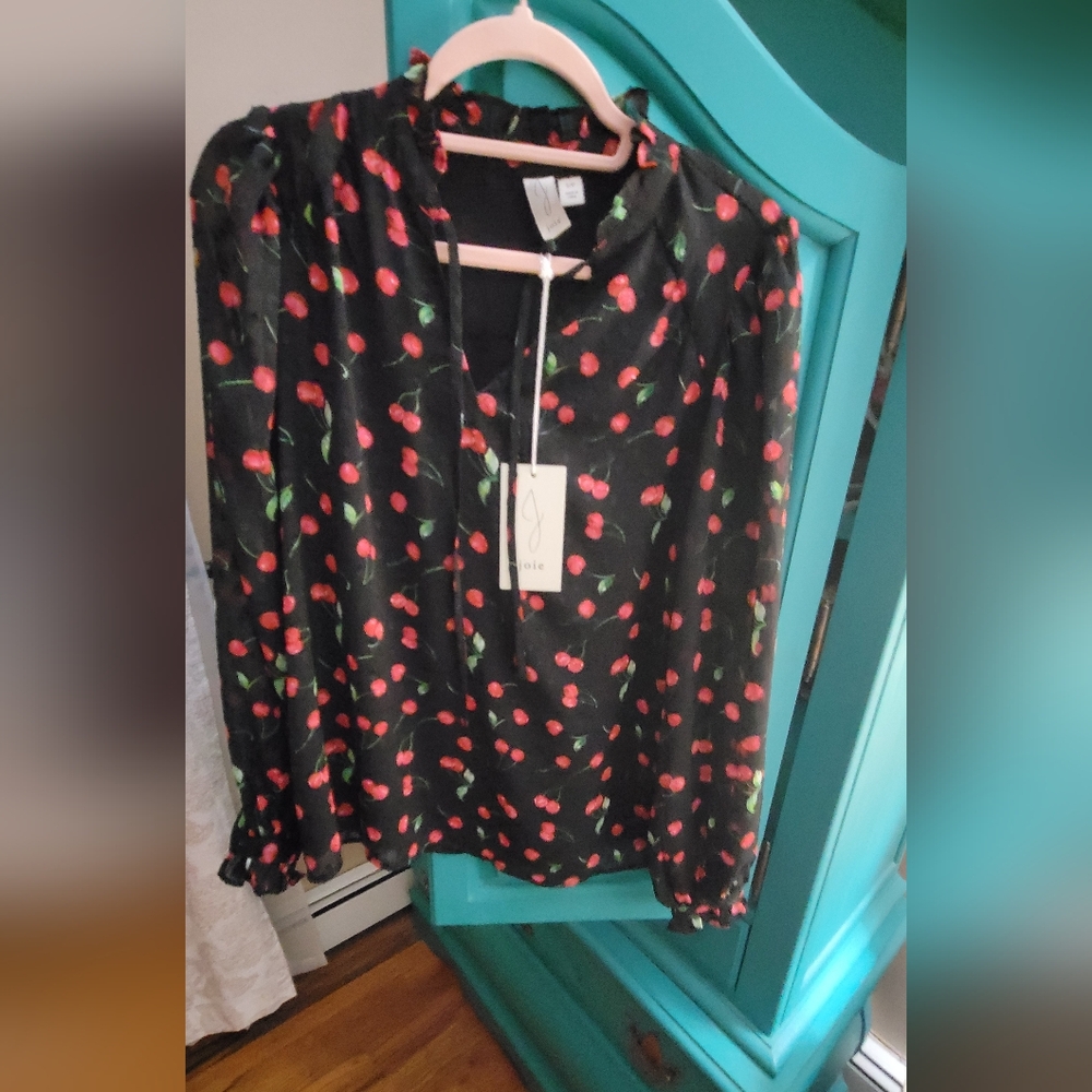 Joie Black Blouse with Red and Green Cherry Accents